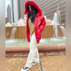 🔥Vintage Leather Jacket Real Fox Fur Hood Quiet Luxury Coat Direct Action Size M